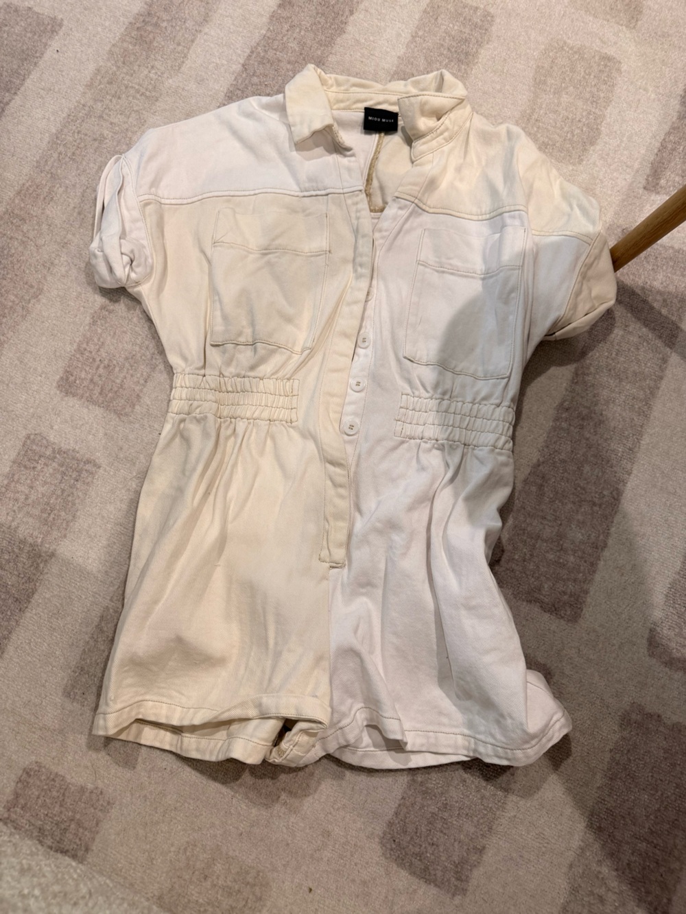 Washed Cream Utility Romper with Elastic Waist